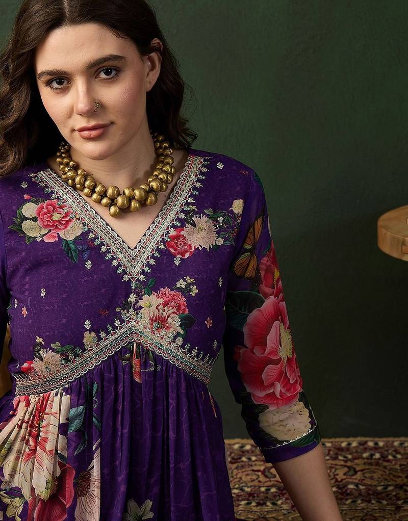 v neck embroidered a-line kurta with trouser