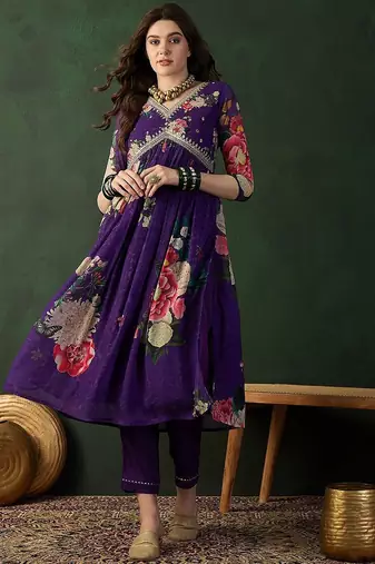 v neck embroidered a-line kurta with trouser