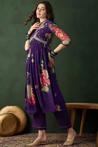 v neck embroidered a-line kurta with trouser