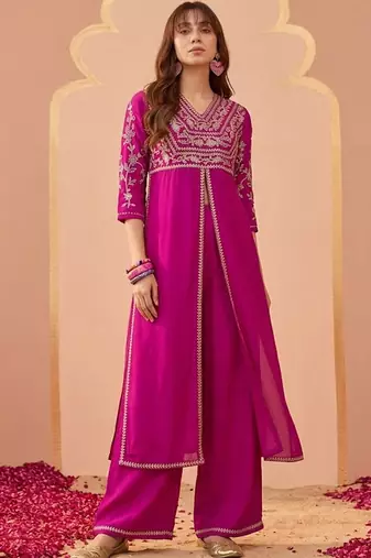 embroidered v-neck kurta & trousers