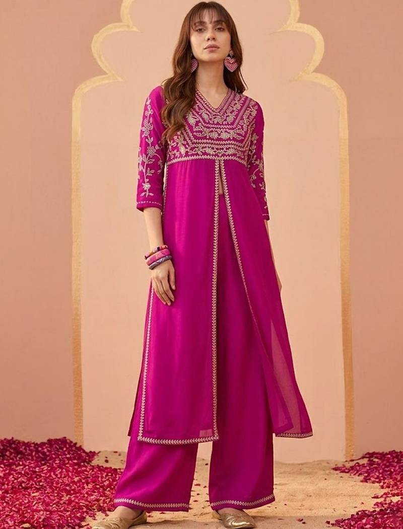 embroidered v-neck kurta & trousers
