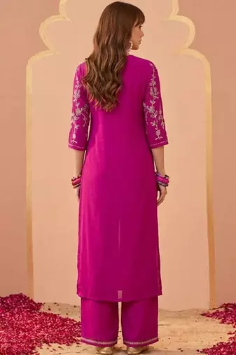 embroidered v-neck kurta & trousers