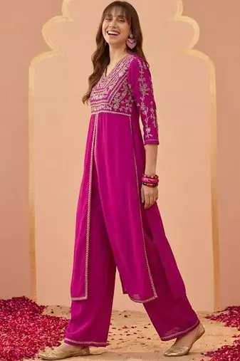 embroidered v-neck kurta & trousers