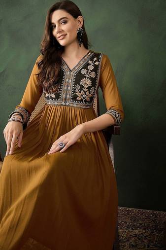 floral yoke design zari work v-neck georgette straight kurta with trouser