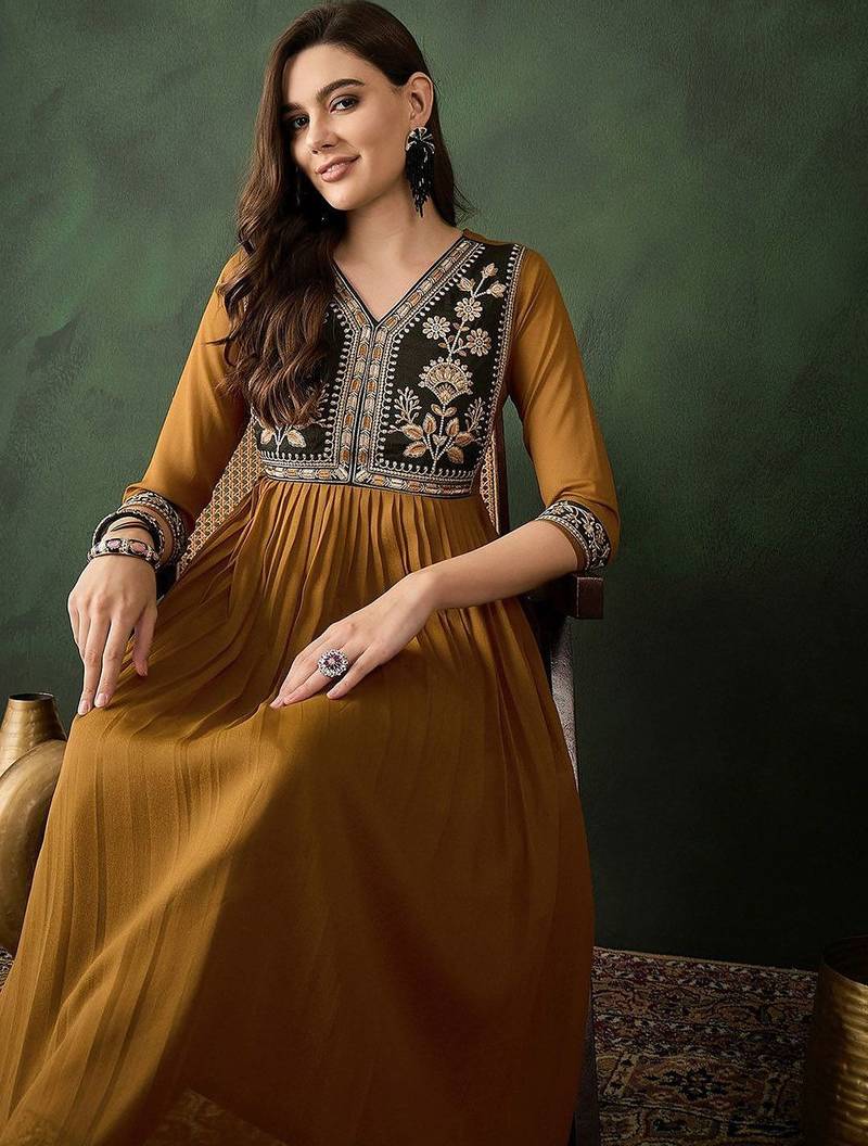 floral yoke design zari work v-neck georgette straight kurta with trouser