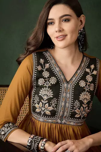 floral yoke design zari work v-neck georgette straight kurta with trouser