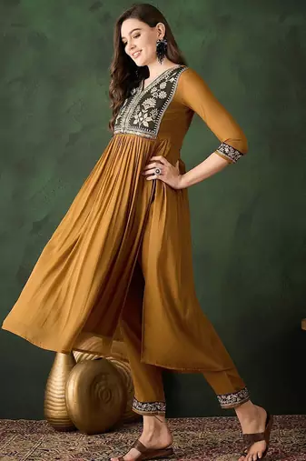 floral yoke design zari work v-neck georgette straight kurta with trouser