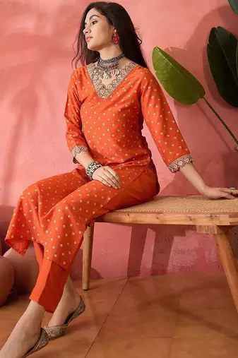 orange floral printed silk blend v-neck straight kurta with trousers