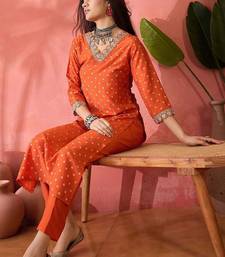 orange floral printed silk blend v-neck straight kurta with trousers