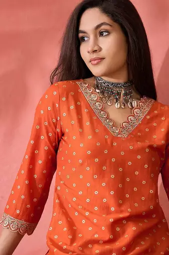 orange floral printed silk blend v-neck straight kurta with trousers