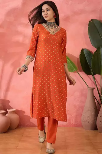 orange floral printed silk blend v-neck straight kurta with trousers