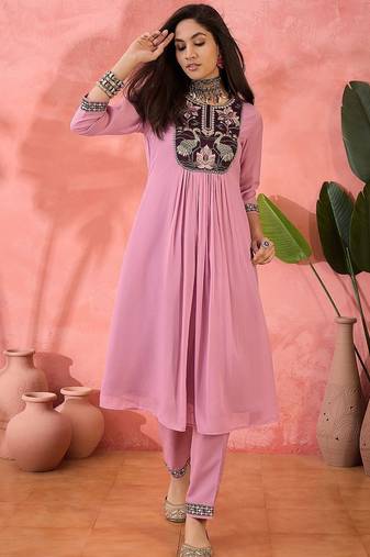 pink floral embroidered yoke design a-line kurta with pant