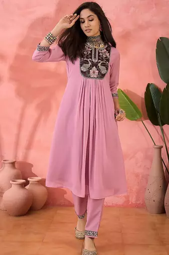 pink floral embroidered yoke design a-line kurta with pant