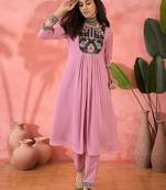 pink floral embroidered yoke design a-line kurta with pant