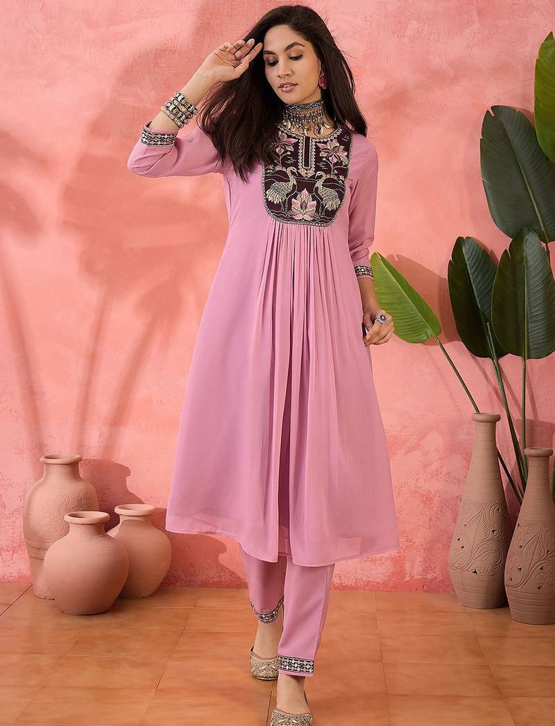 pink floral embroidered yoke design a-line kurta with pant