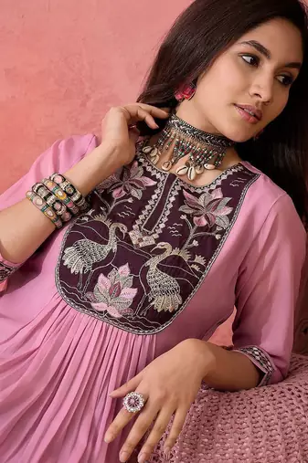 pink floral embroidered yoke design a-line kurta with pant