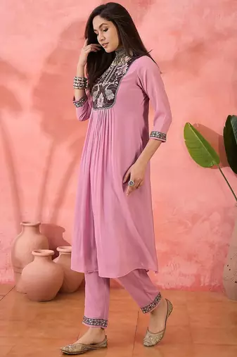 pink floral embroidered yoke design a-line kurta with pant