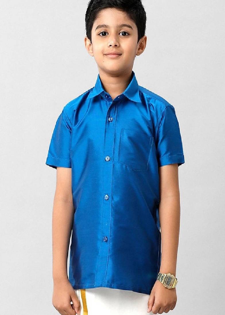 Blue plain cotton casual boys shirt - short sleeve with chest pocket