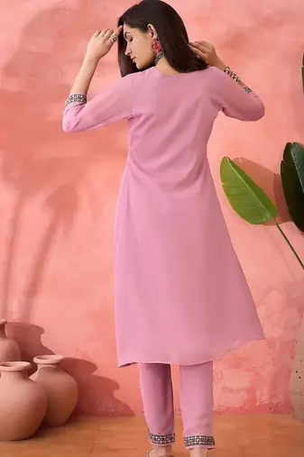 pink floral embroidered yoke design a-line kurta with pant