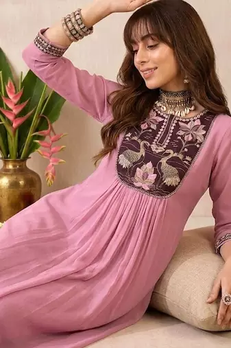 embroidered round neck kurta & trousers