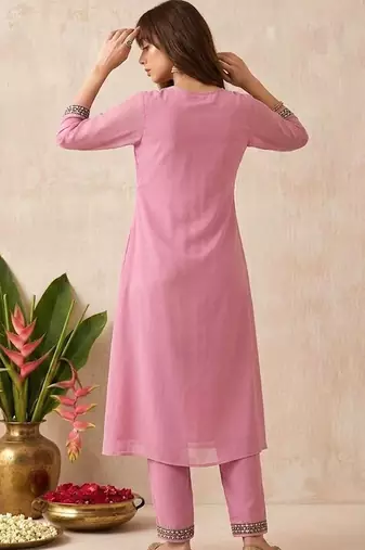 embroidered round neck kurta & trousers
