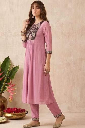 embroidered round neck kurta & trousers