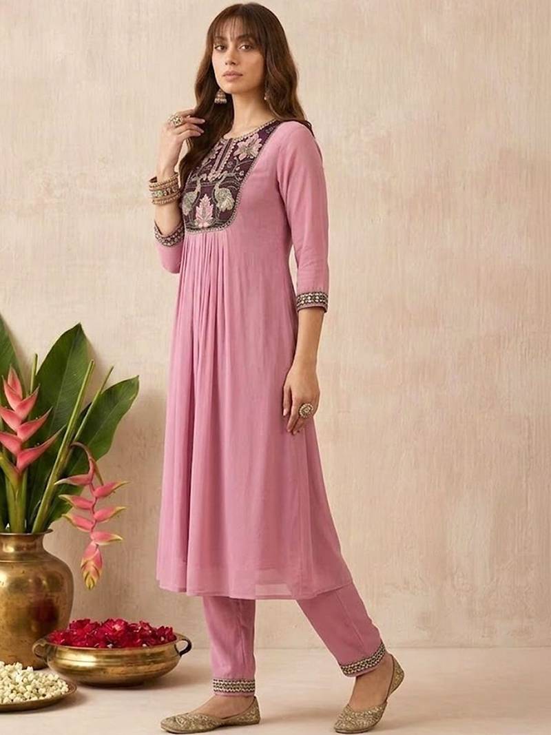 embroidered round neck kurta & trousers