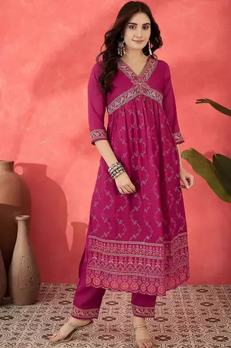 floral embroidered v-neck sequinned empire a-line kurta trousers