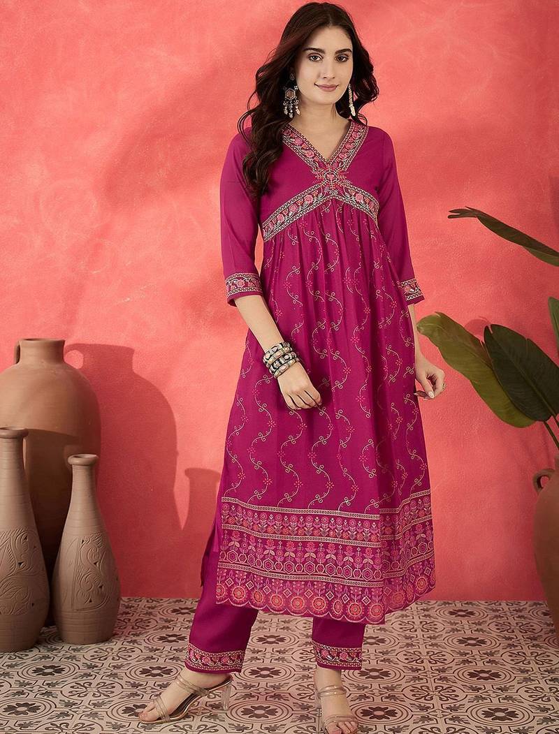 floral embroidered v-neck sequinned empire a-line kurta trousers