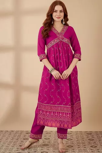 women ethnic motifs printed empire kurta with trousers