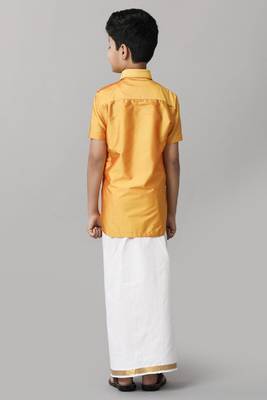 yellow silk-blend boys' shirt and traditional dhoti outfit 3