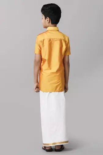 yellow silk-blend boys' shirt and traditional dhoti outfit