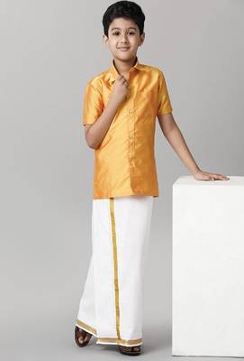 yellow silk-blend boys' shirt and traditional dhoti outfit 4