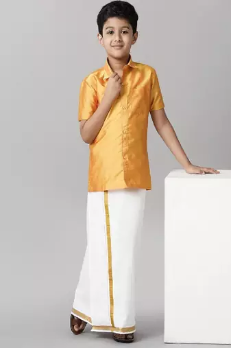 yellow silk-blend boys' shirt and traditional dhoti outfit
