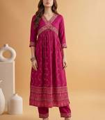embroidered v-neck alia cut kurta & trousers
