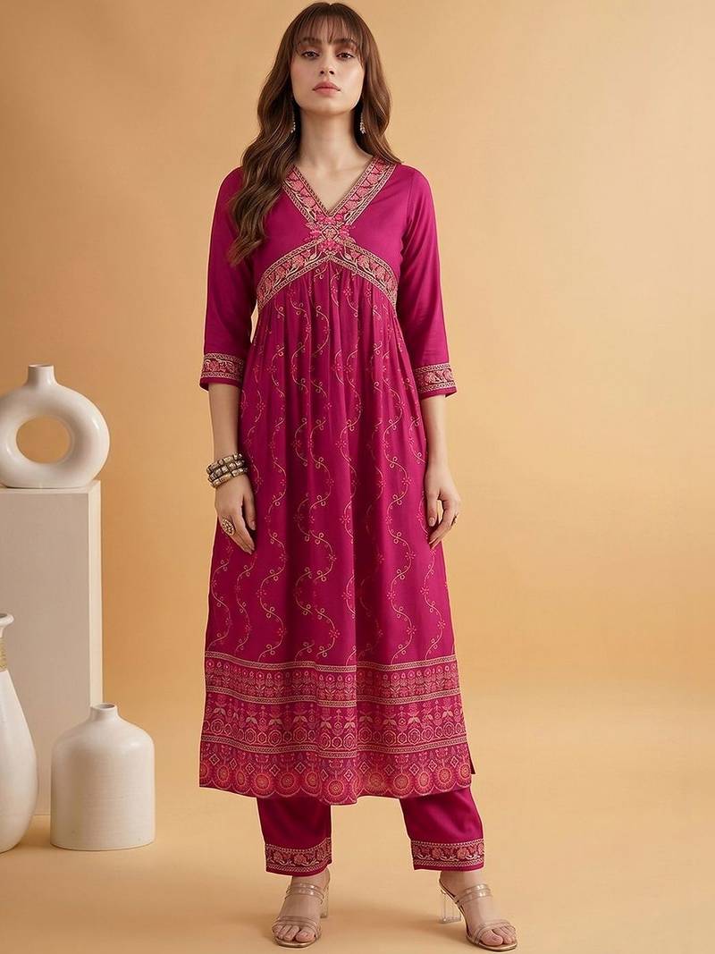 embroidered v-neck alia cut kurta & trousers