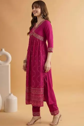 embroidered v-neck alia cut kurta & trousers