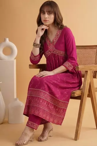 embroidered v-neck alia cut kurta & trousers