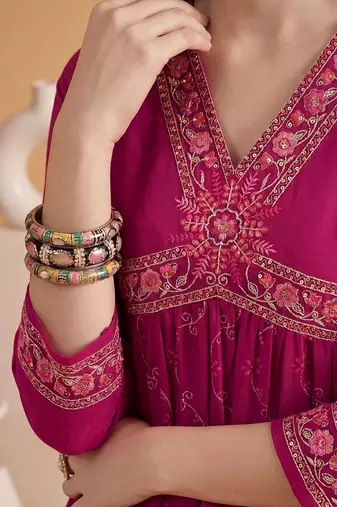 embroidered v-neck alia cut kurta & trousers