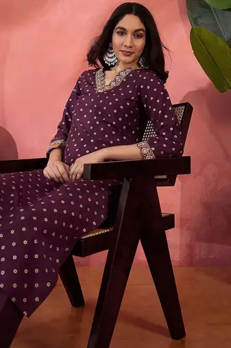 foil printed with zari sequence embroidered a-line kurta & trousers