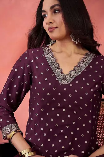 foil printed with zari sequence embroidered a-line kurta & trousers