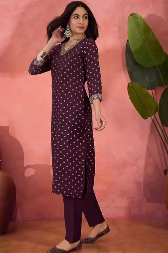 foil printed with zari sequence embroidered a-line kurta & trousers