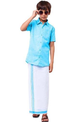 Blue plain pure cotton shirt dhoti - boys dhoti kurta