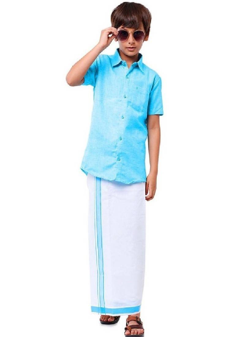 Blue plain pure cotton shirt dhoti - boys dhoti kurta