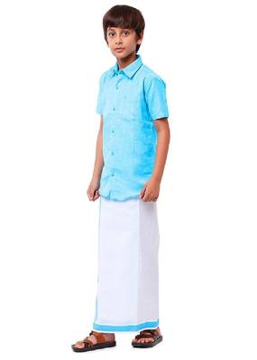 blue plain pure cotton boys' dhoti kurta set 4