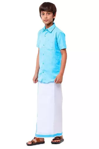 Blue plain pure cotton shirt dhoti - boys dhoti kurta