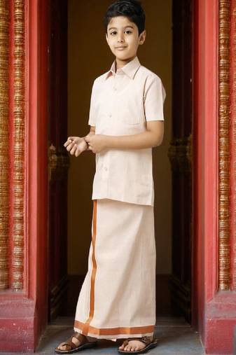 copper cotton boys shirt with traditional veshti outfit