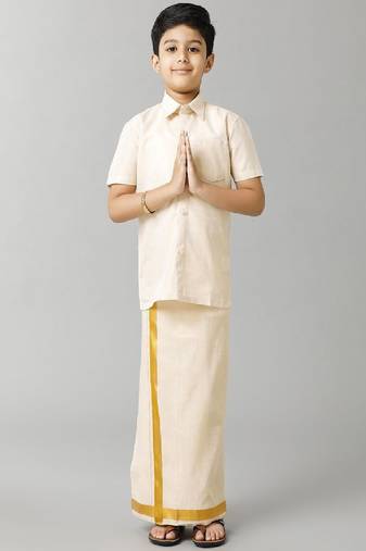 gold color cotton boys shirt with traditional veshti