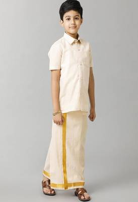 gold color cotton boys shirt with traditional veshti 3