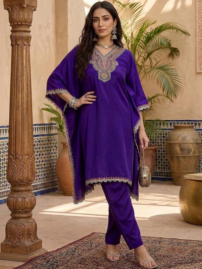 embroidered  v-neck kurta & trousers